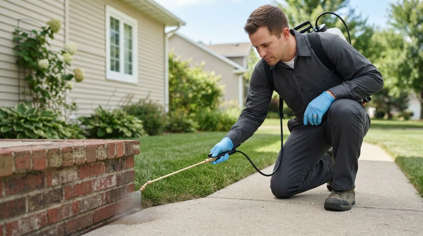 Pest control technician treating a home near Baker, WV
